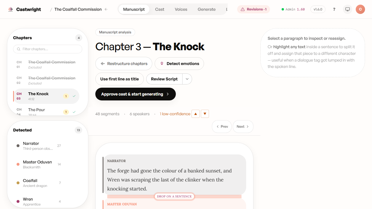 Boundary handle mid-drag, showing the peach highlight and "drop on a sentence" label