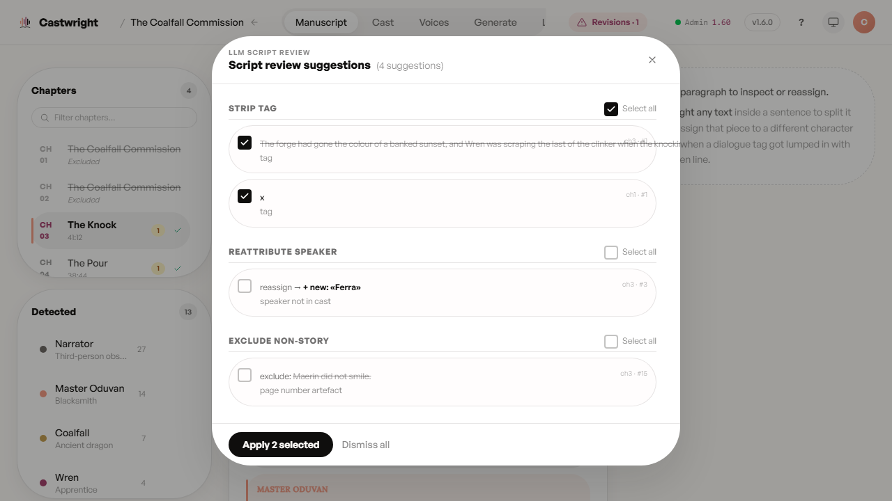 Review Script diff — grouped strip-tag, reassign, and exclude suggestions with per-row checkboxes