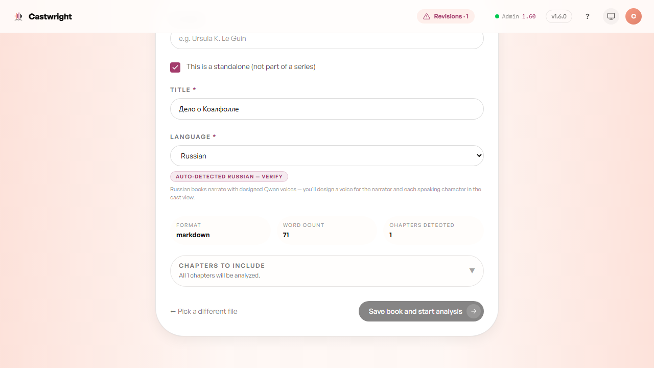 Confirm-details screen — auto-detected Russian, title carried over in Cyrillic