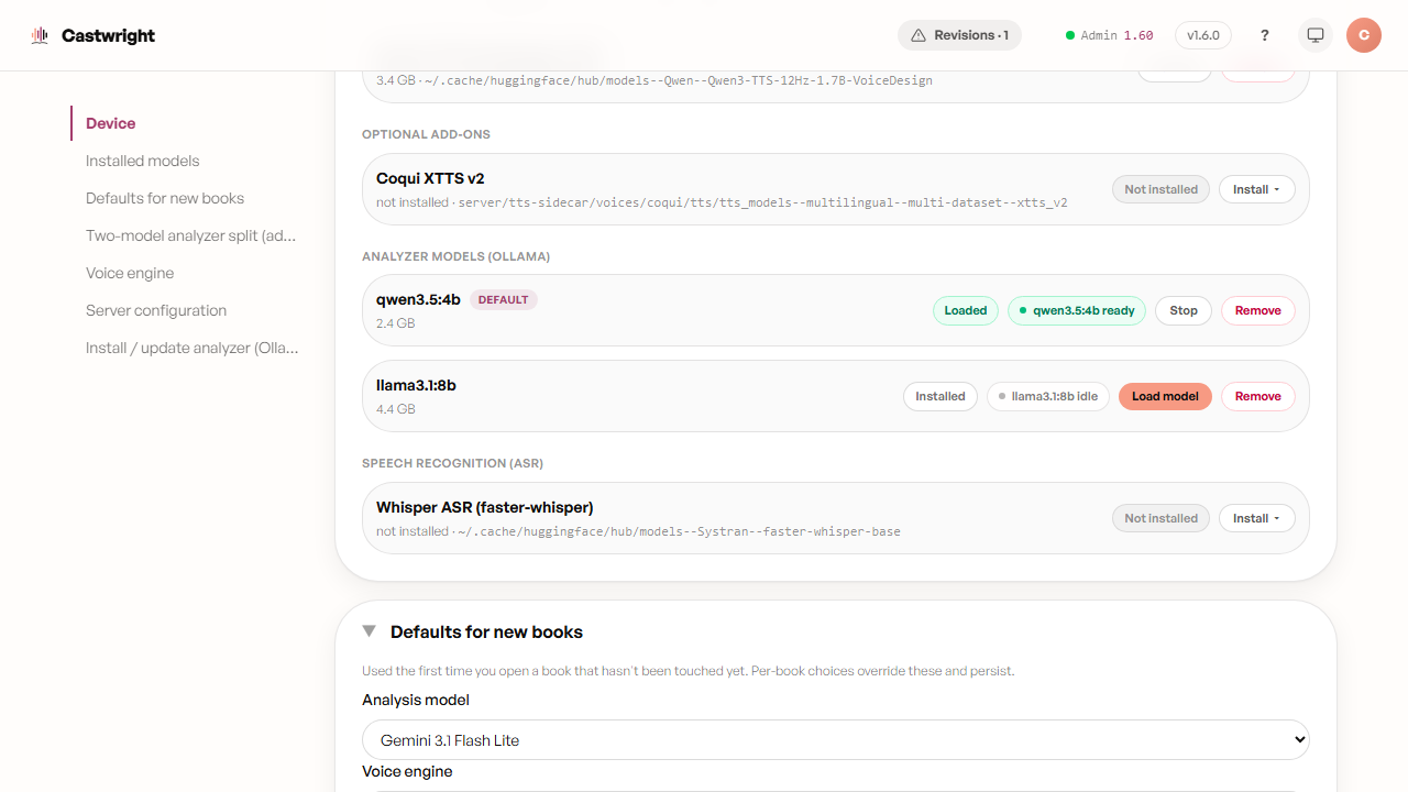 Model Manager row — llama3.1:8b idle with a Load model action