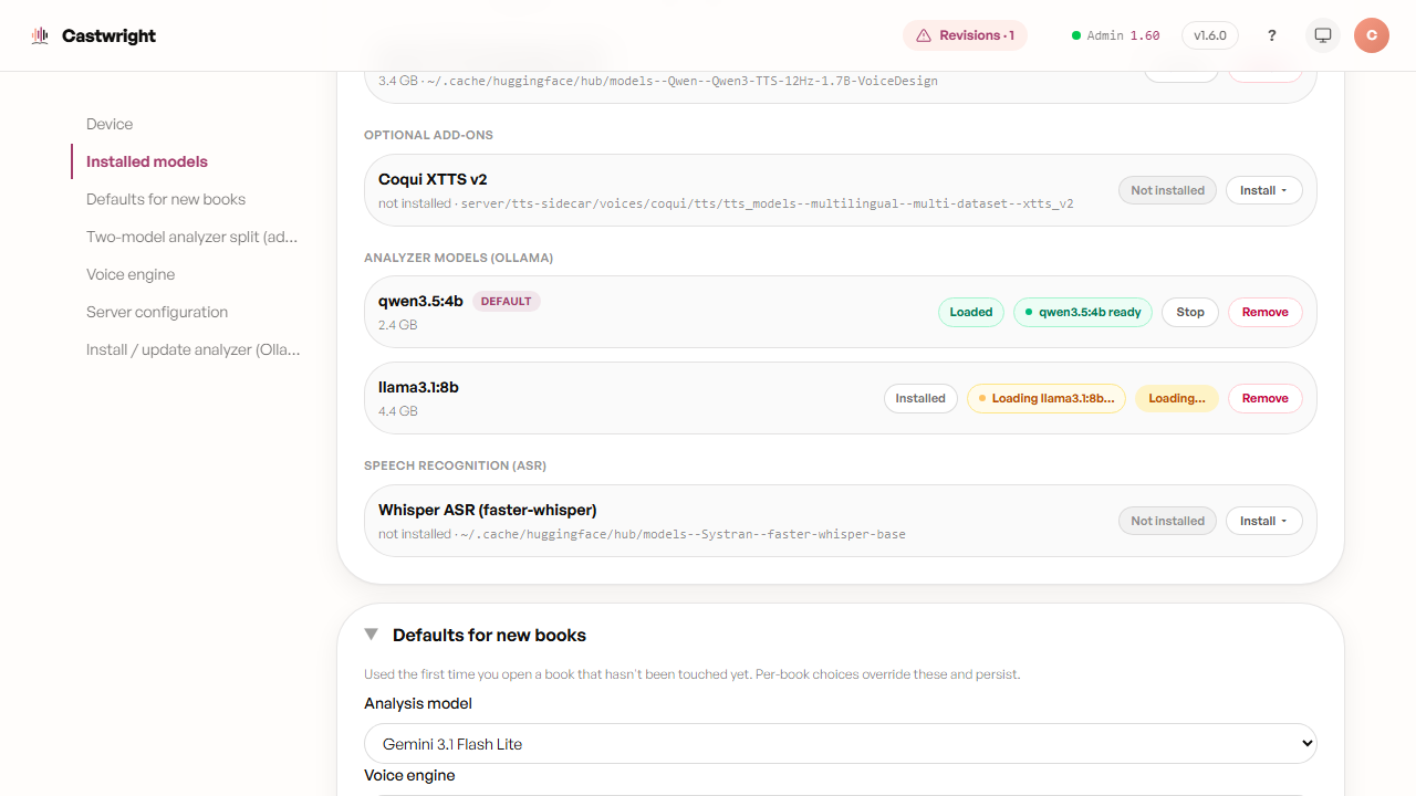 Model Manager row — llama3.1:8b loading, with a disabled Loading… button