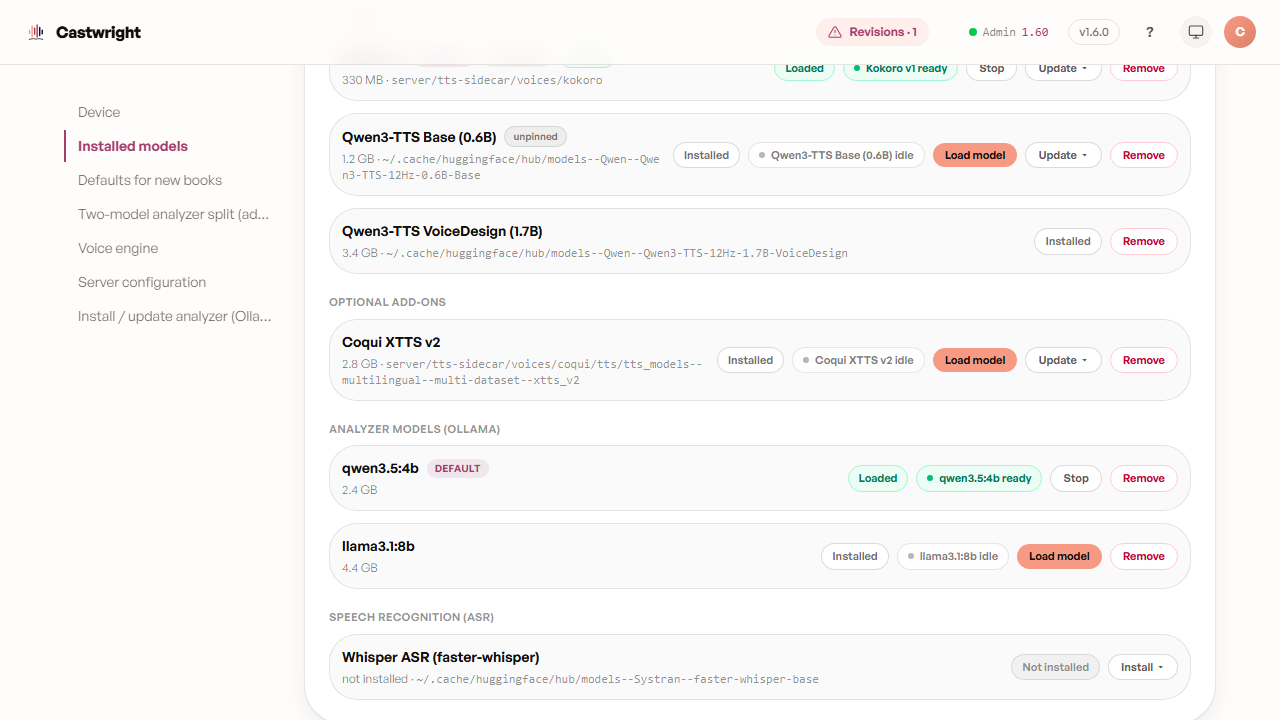Model Manager — Coqui XTTS v2 row, installed