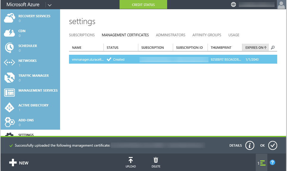 management certificate uploaded