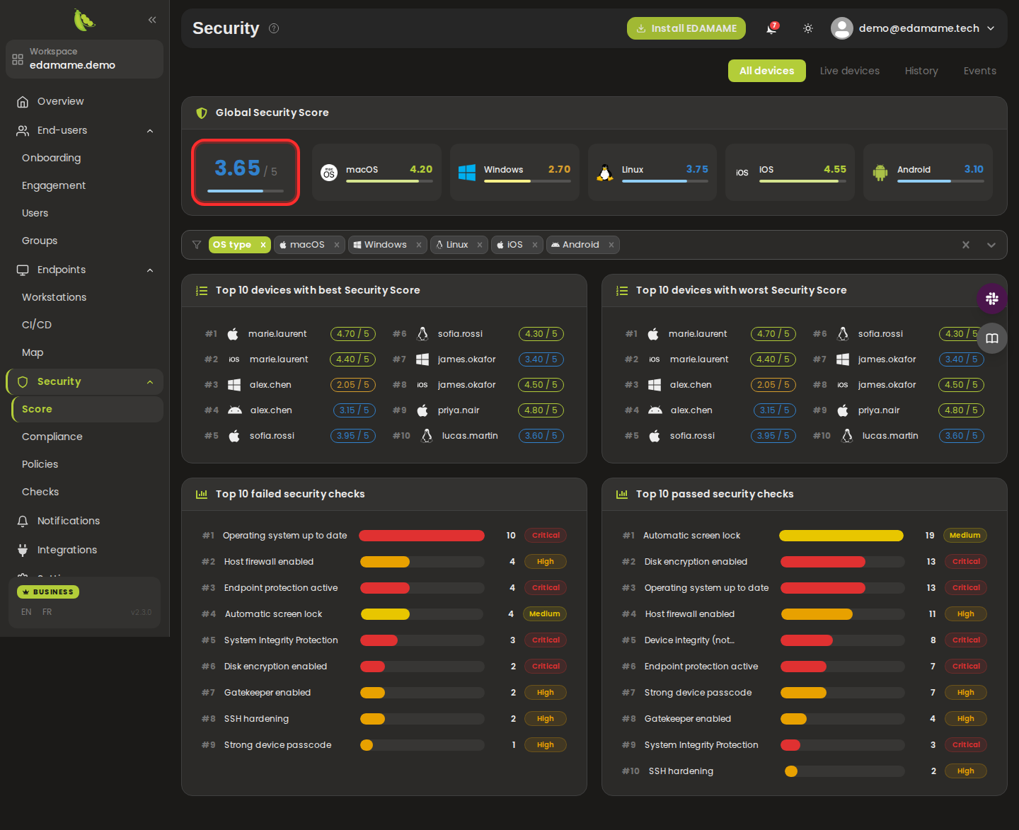 Open the Security Score page