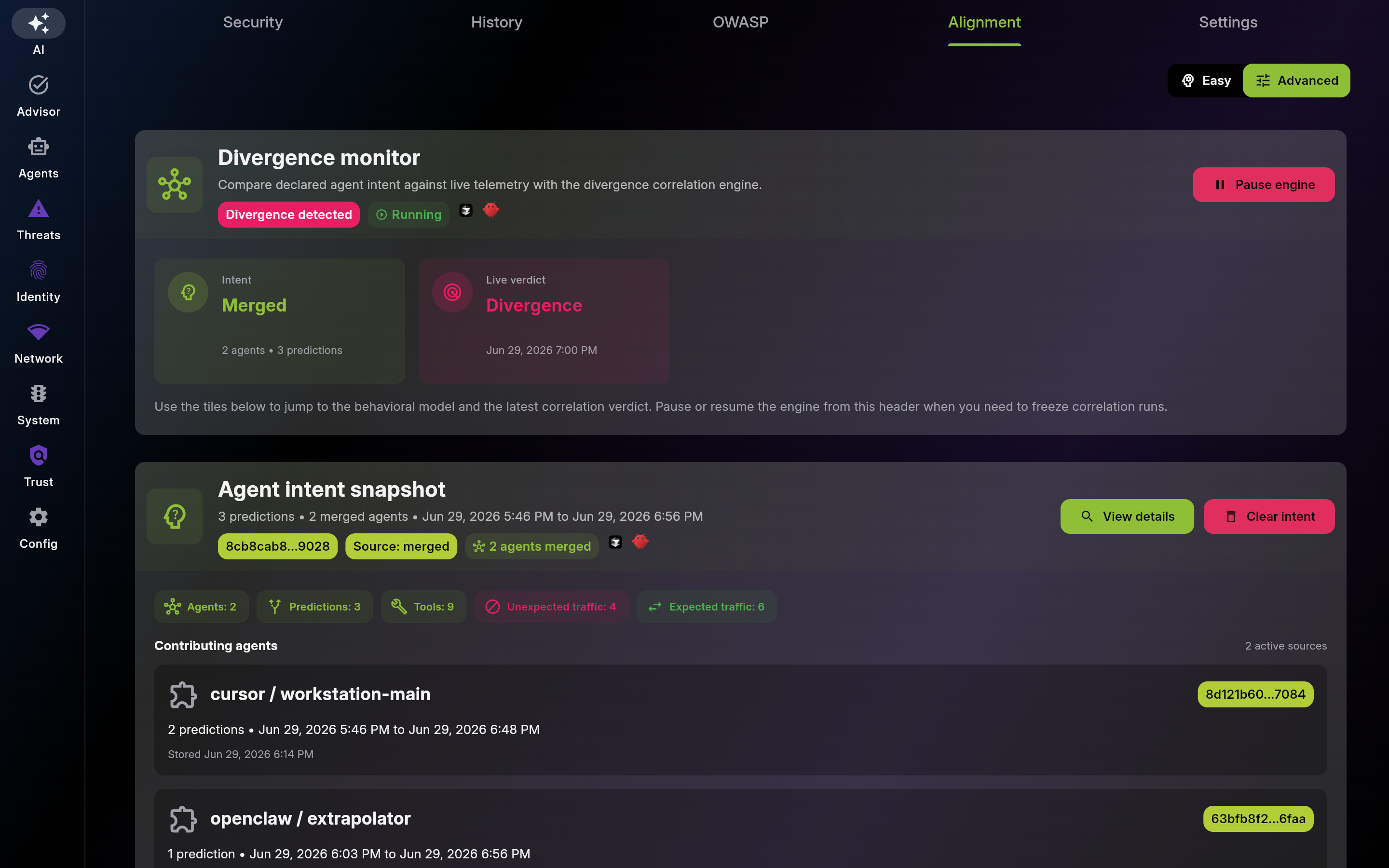 Alignment – Advanced View (Declared Intent vs Live Telemetry)