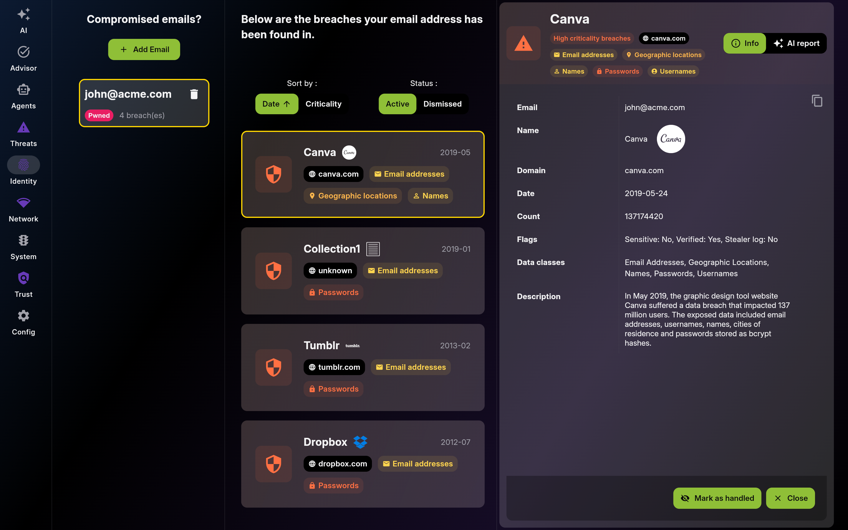 Breach Monitoring β Compromised Credentials - Detail