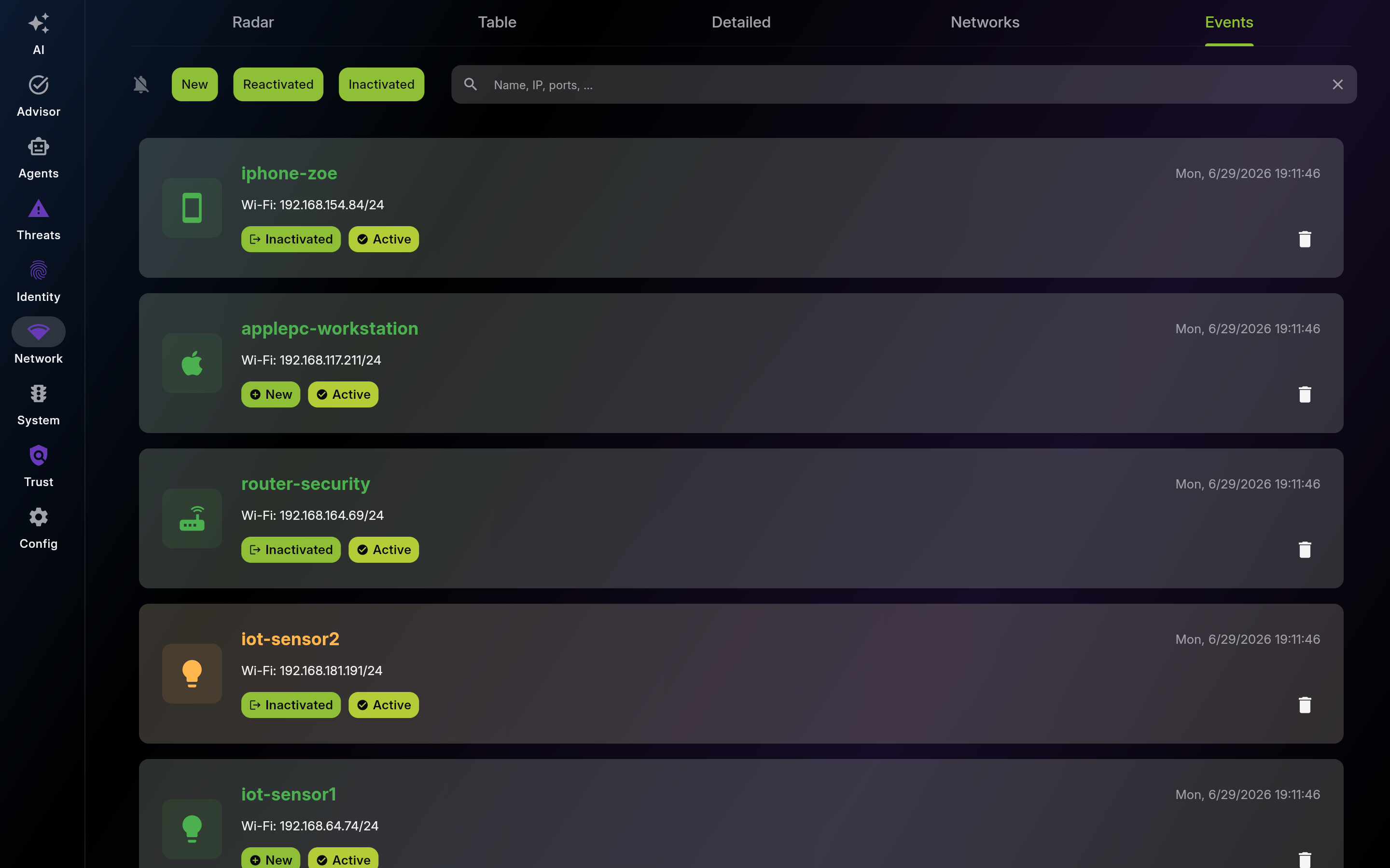 Events – Device Activity Timeline - List