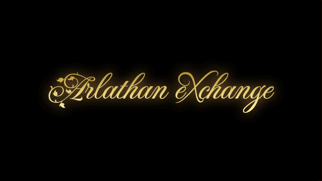 A black background with amber glowing golden text that says "Arlathan eXchange" in a script font which is decorated with leaves. A golden magical light flies around the text wrapping around it and sparkling as if by magic.
