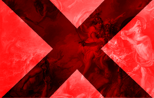 The letter X superimposed on a rococo painting tinted red