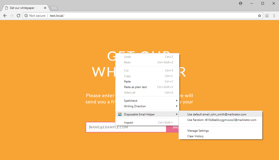 Screenshot of Disposable Email Helper Context Menus in action