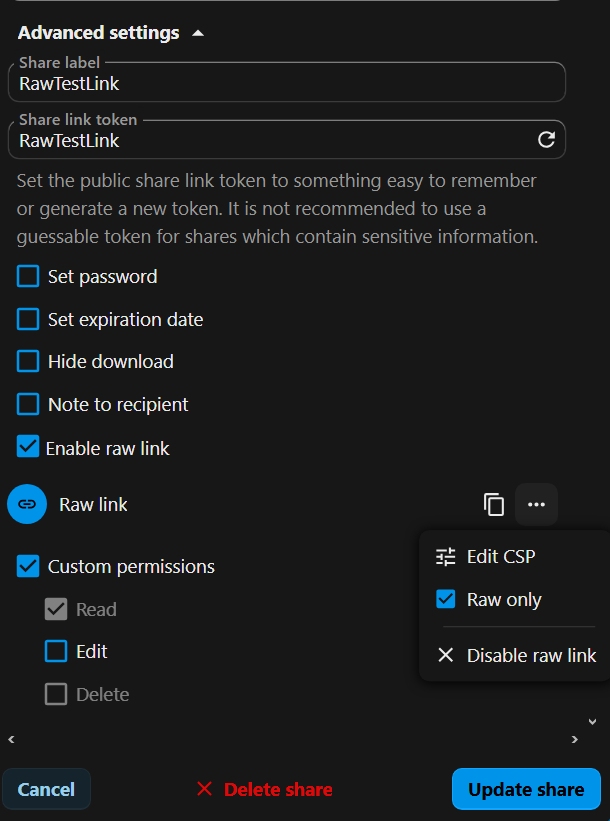 Enable raw link in the share's Advanced settings