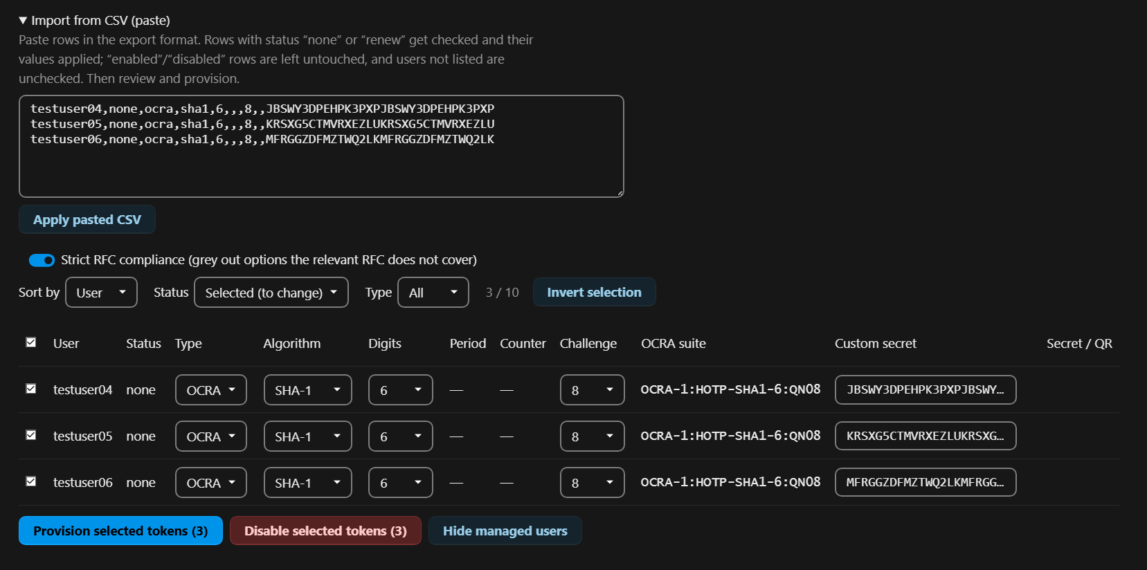 Step 2: after Apply, the rows are checked and their values applied, filtered to Selected