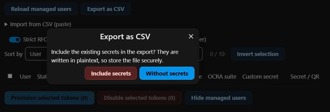 The dialog asking whether to include the secrets, with the safe option as the default