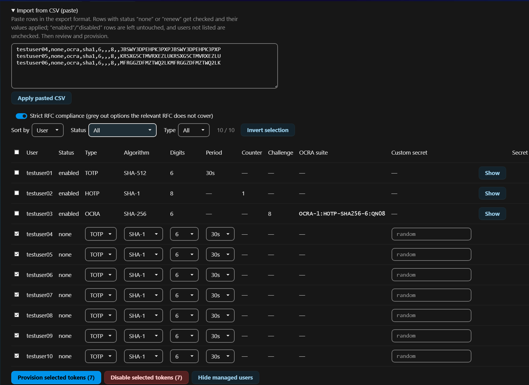 Step 1: the rows pasted into Import from CSV (paste), before applying