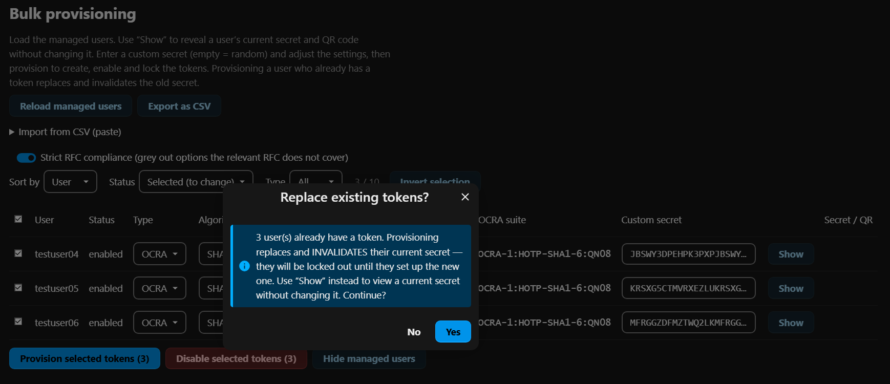 Provisioning a user who already has a token asks for confirmation, because it invalidates the current secret and locks the user out until they set up the new one