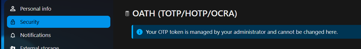 A managed user's personal security settings: the OATH section shows a note that the token is administrator-managed