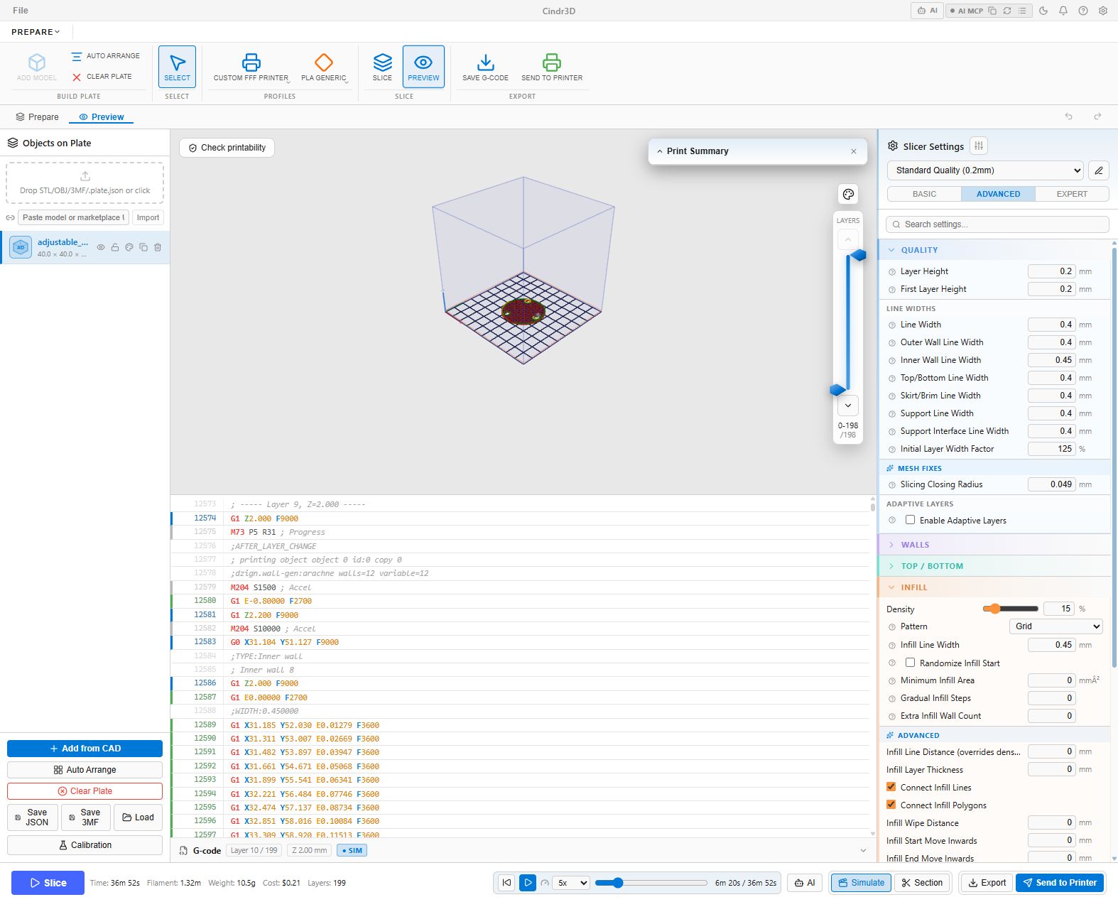 Cindr3D G-code panel overview