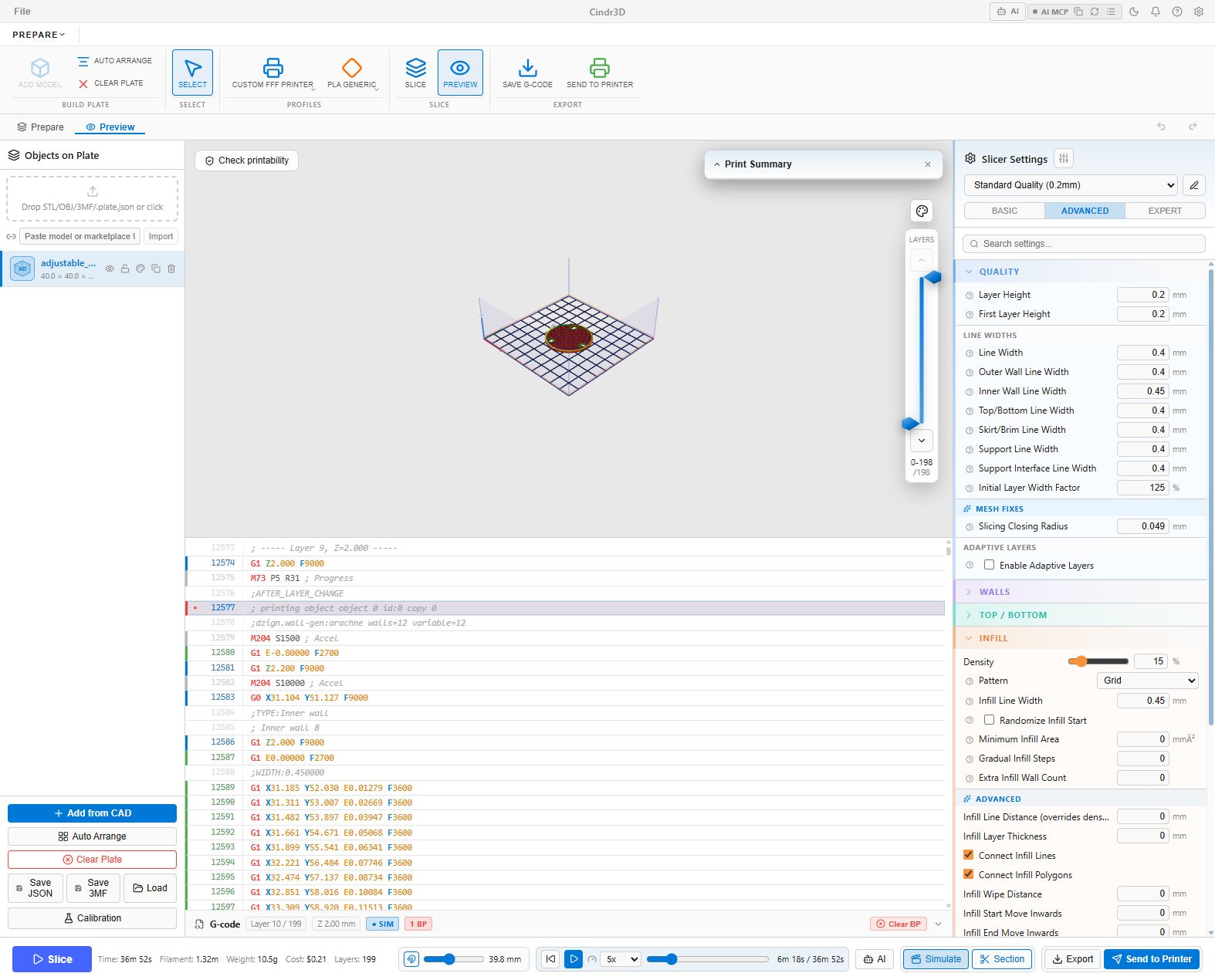 Cindr3D G-code section mode