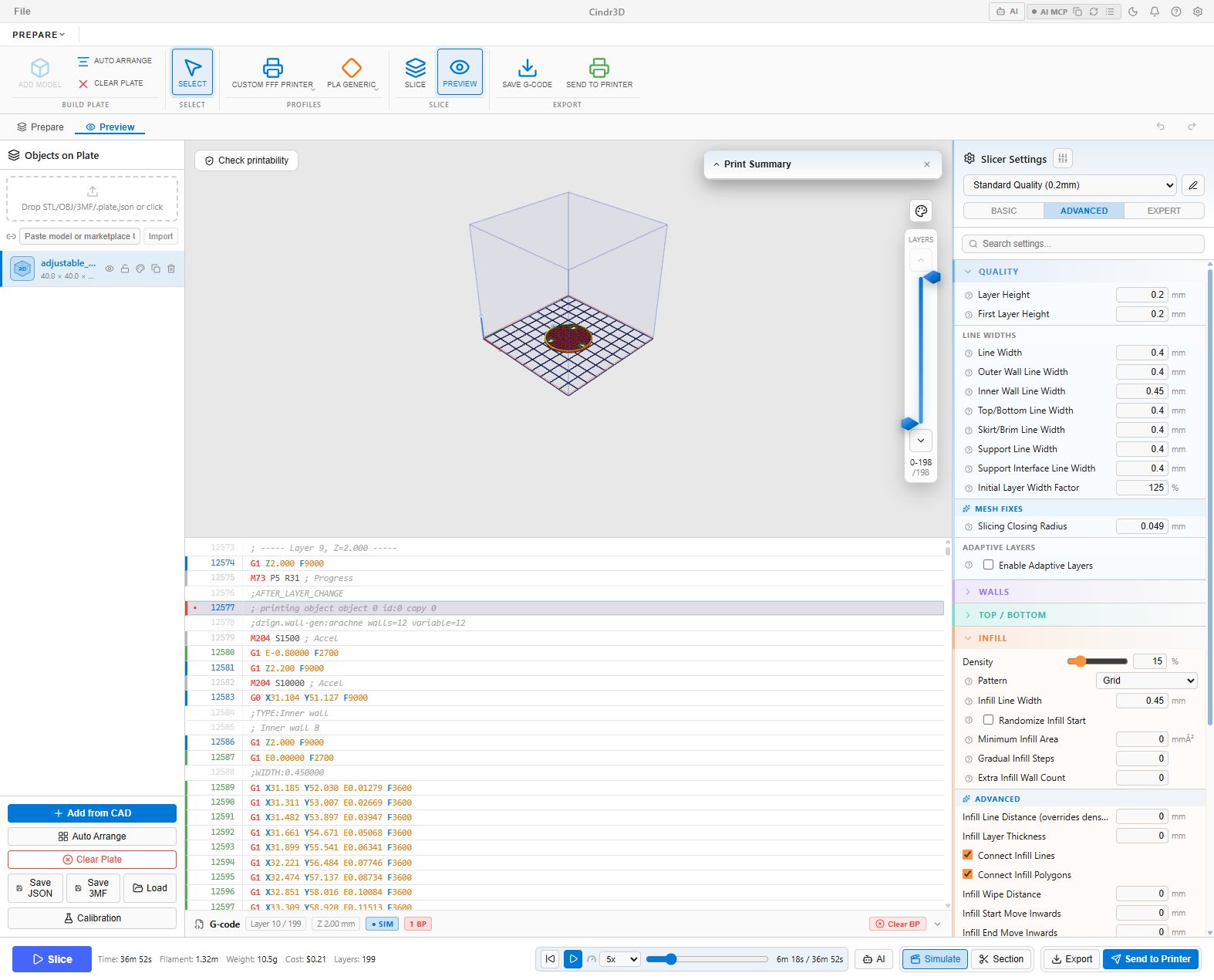 Cindr3D G-code simulation playing