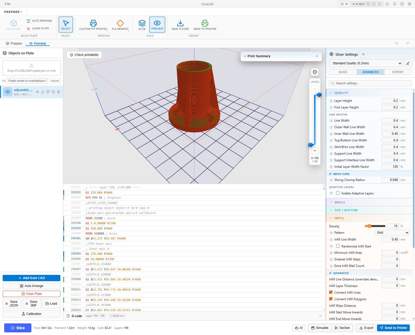 Cindr3D Prepare G-code panel