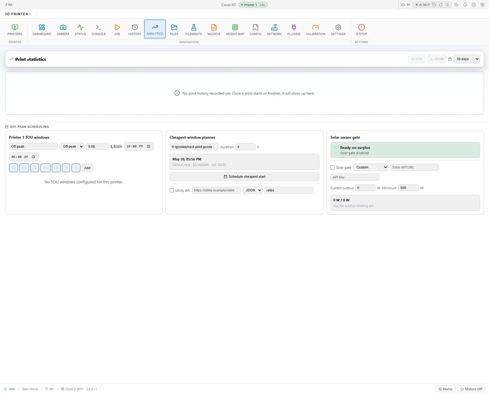 Cindr3D printer analytics tab