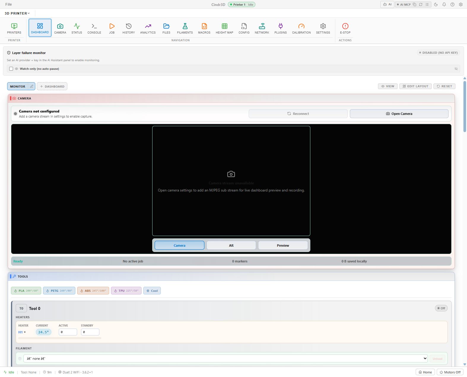 Cindr3D connected printer dashboard