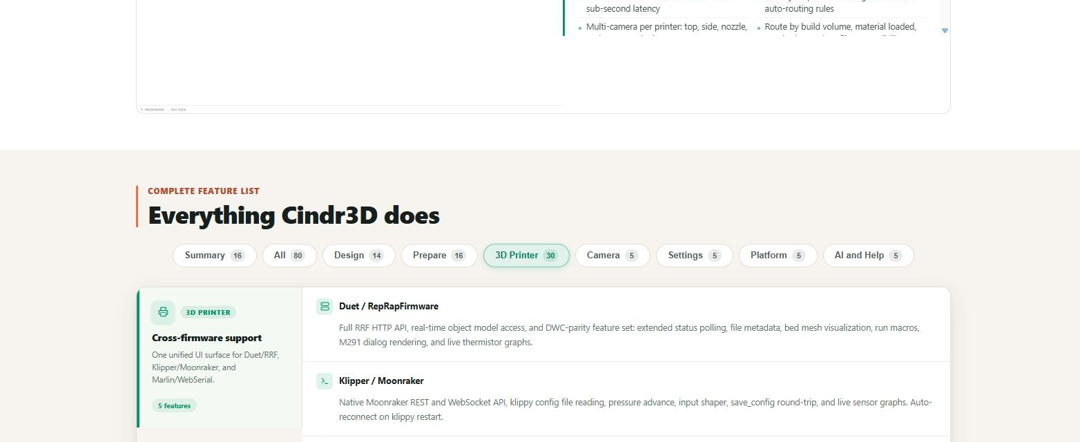 Cindr3D printer feature grid