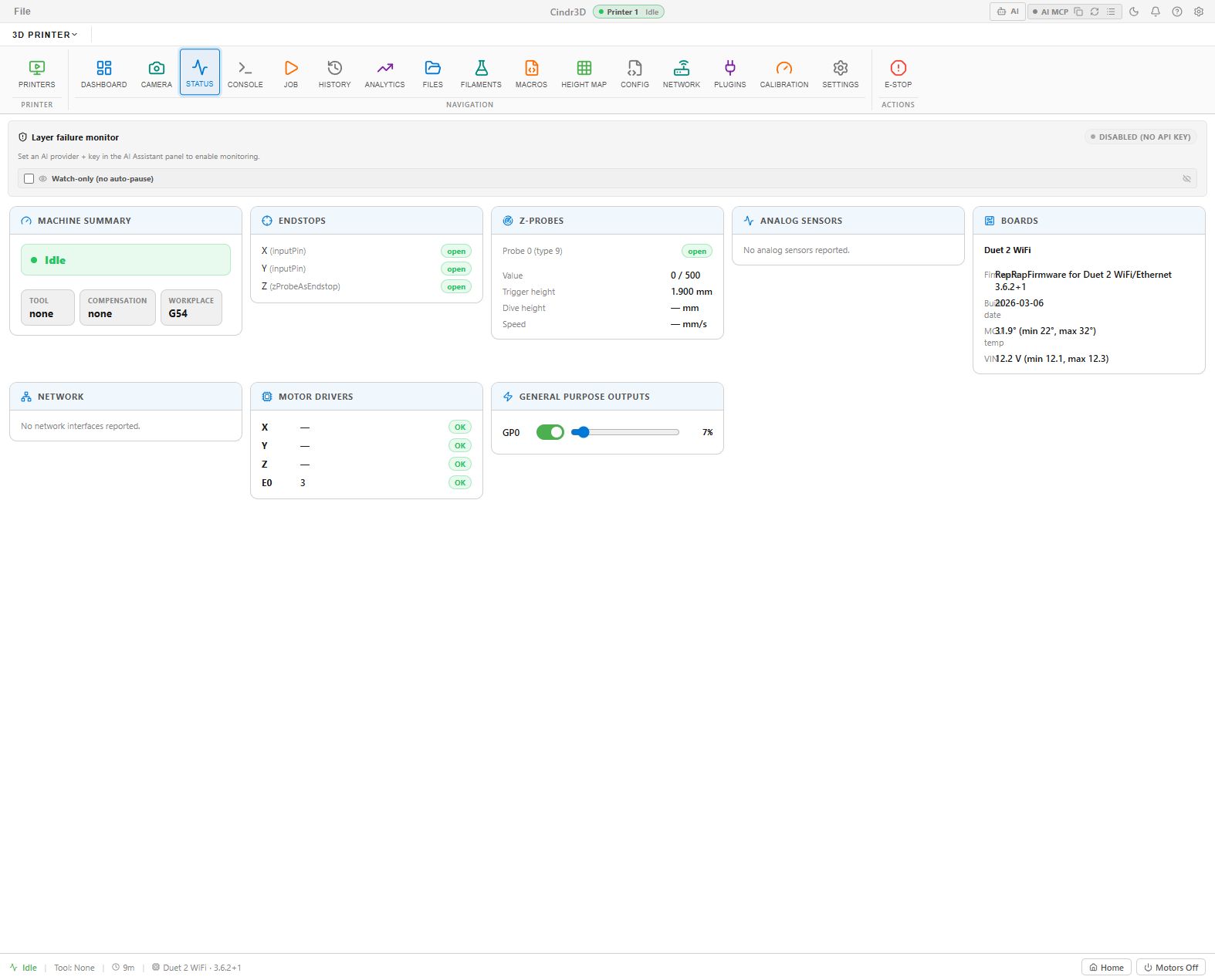 Cindr3D printer status tab
