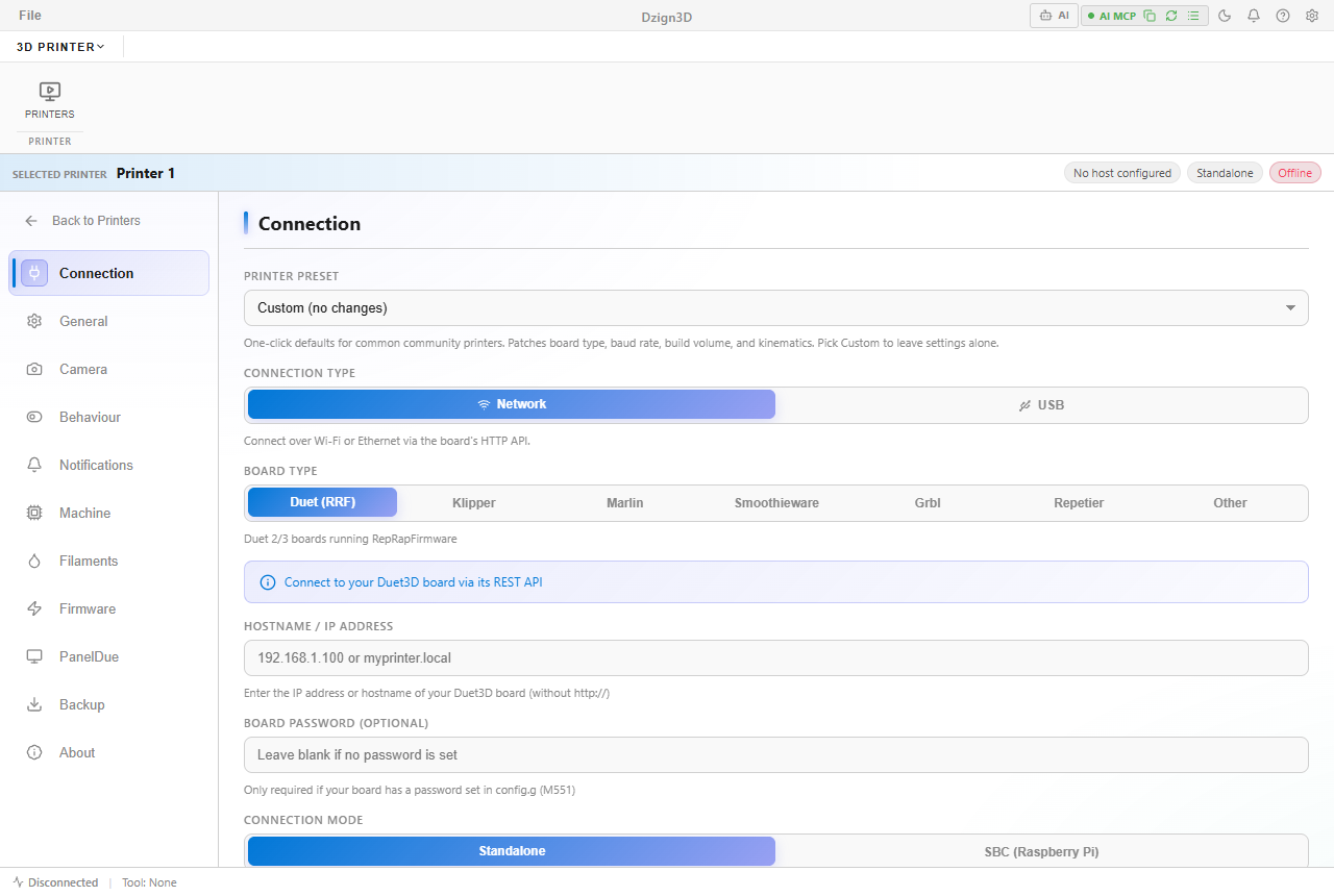 Cindr3D Duet connection mode