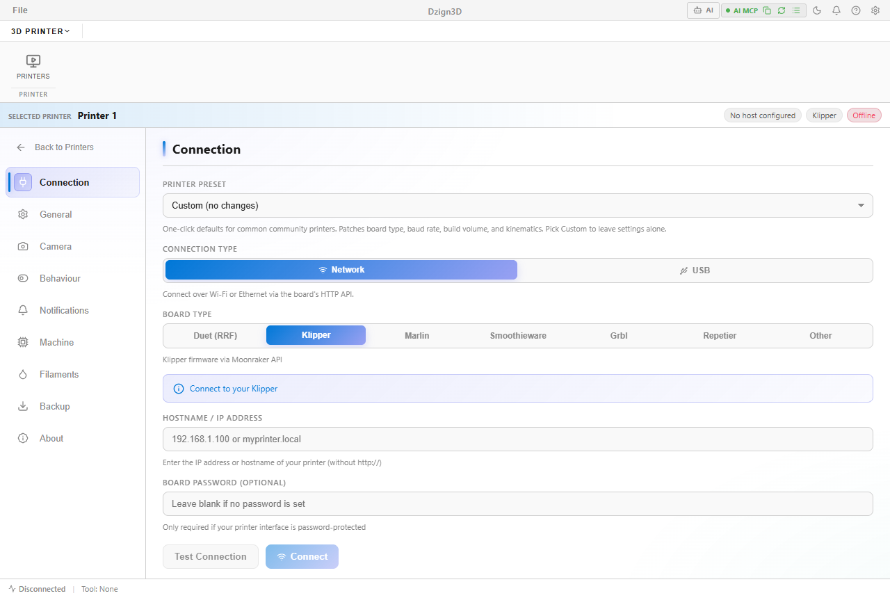 Cindr3D Klipper connection settings