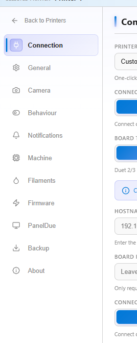 Cindr3D printer settings navigation