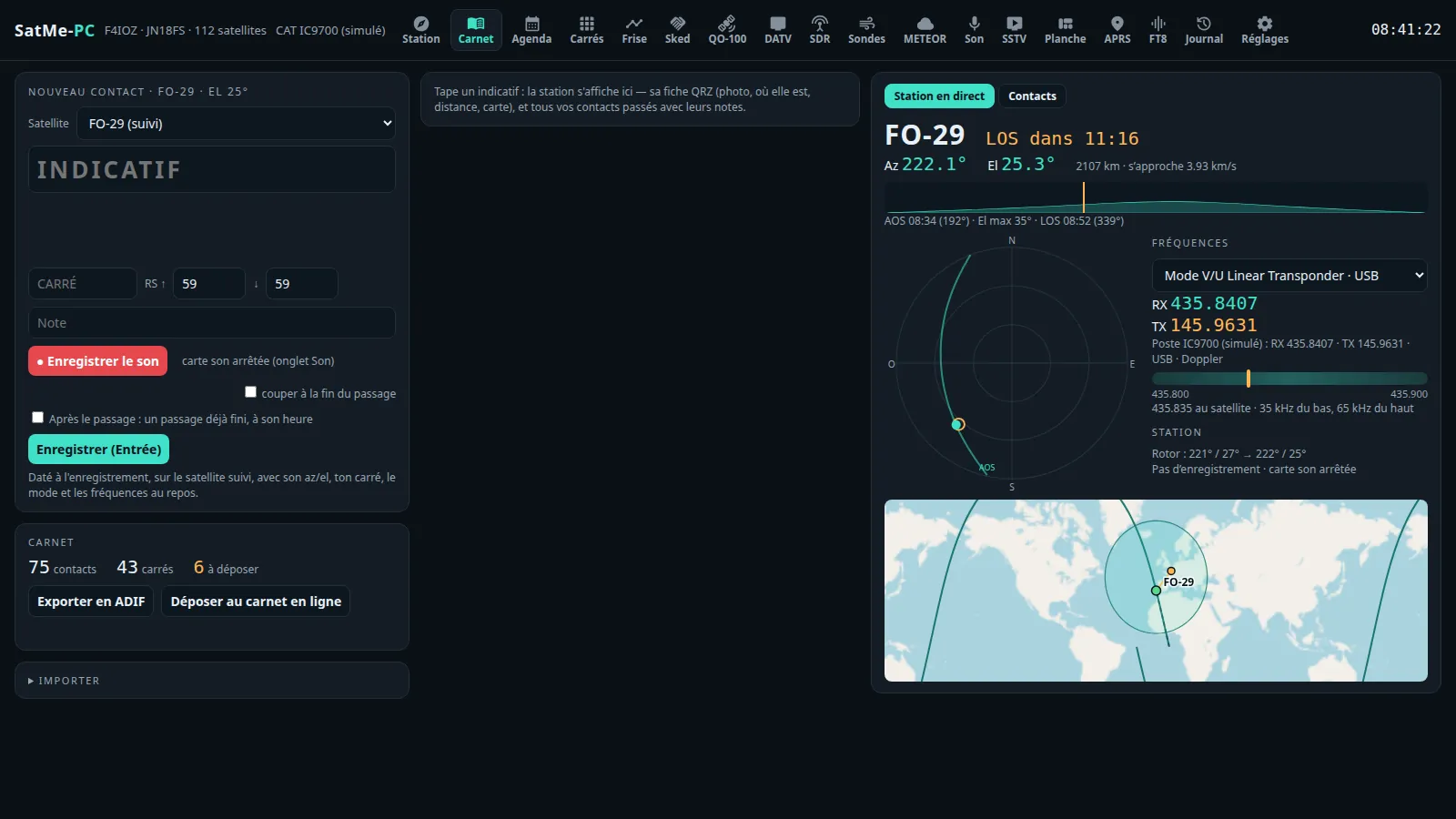 Carnet tab: a new contact, and beside it the station live — FO-29, its frequencies, the polar plot, the rotator
