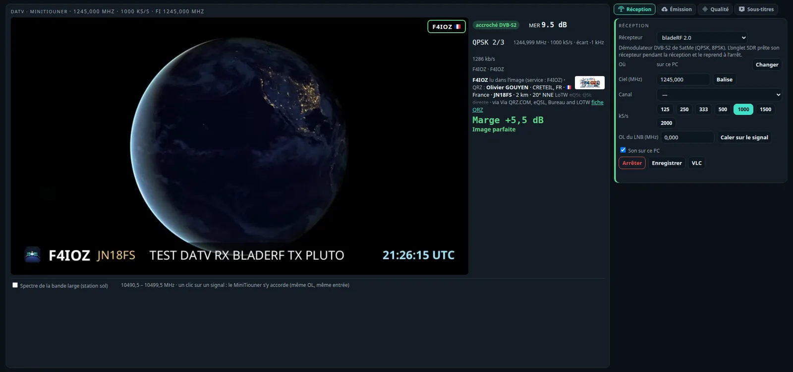 SatMe-PC, DATV : un essai en intérieur sur 23 cm, l'ADALM-PLUTO émet et le bladeRF 2.0 reçoit avec le démodulateur DVB-S2 de SatMe