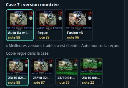 Le panneau de la case 7 : Auto (la mieux notée), Reçue note 88, Fusion ×3 note 96 ; « Meilleures versions traitées est éteinte : Auto montre la reçue » ; dessous, les quatre copies reçues de la diapo 7 avec leur note