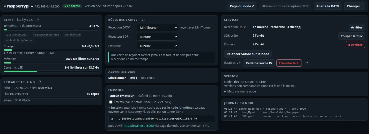 SatMe-PC, Station › SatMe-Node : la santé du Pi, les rôles des cartes, les services avec Redémarrer le Pi et Éteindre le Pi, la version, le journal