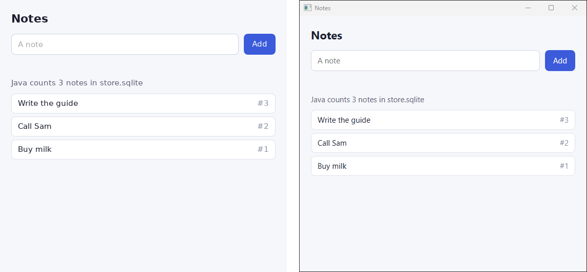 Notes in the store, and the count that Java reads from it, on Linux and on Windows 11