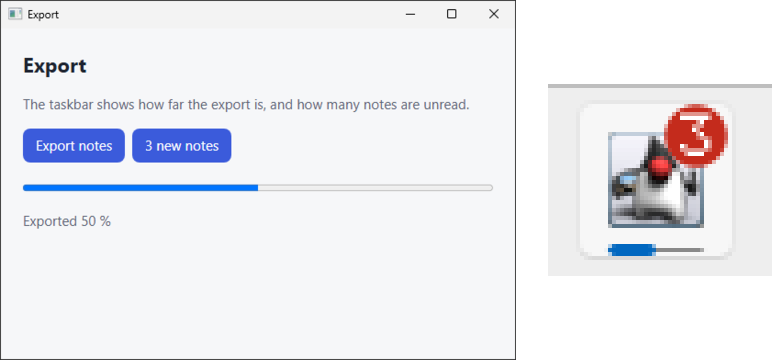 An export at 50 % and three unread notes on the taskbar of Windows 11