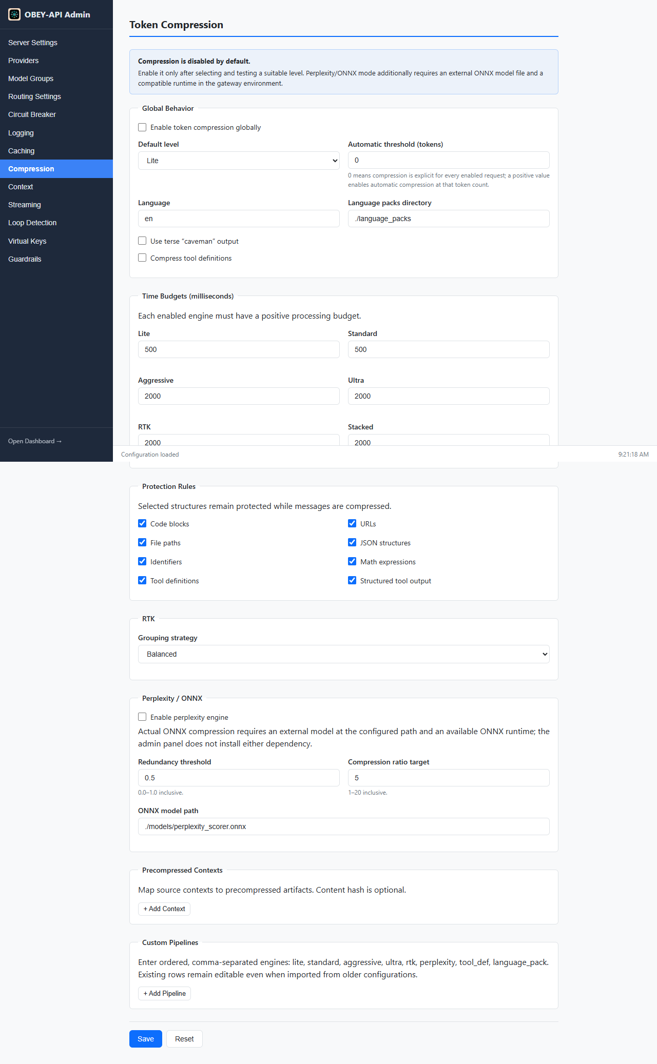 Token Compression settings