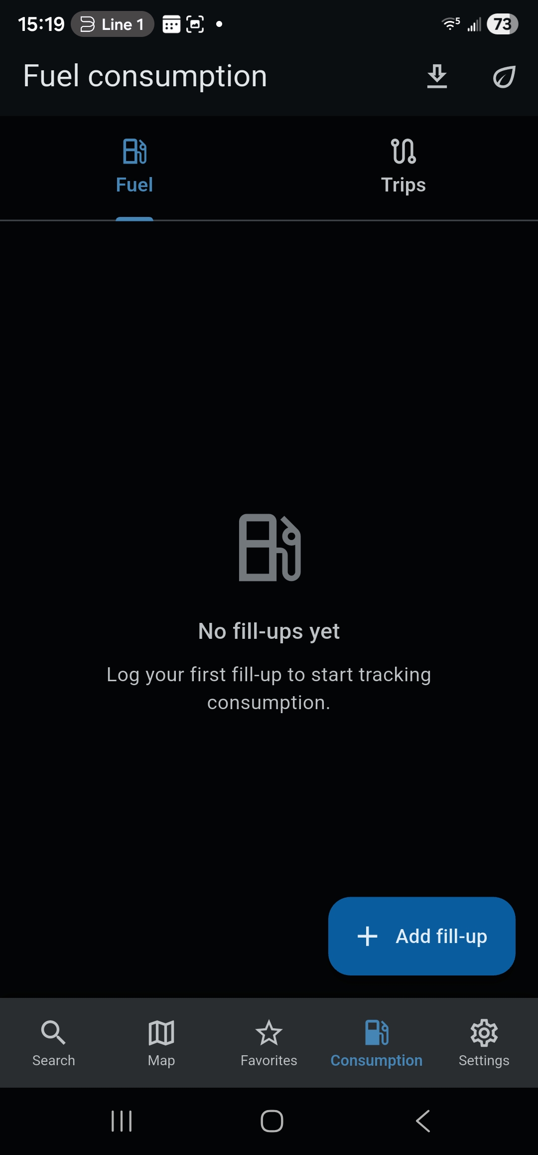 Fuel consumption empty state with prominent Add fill-up CTA