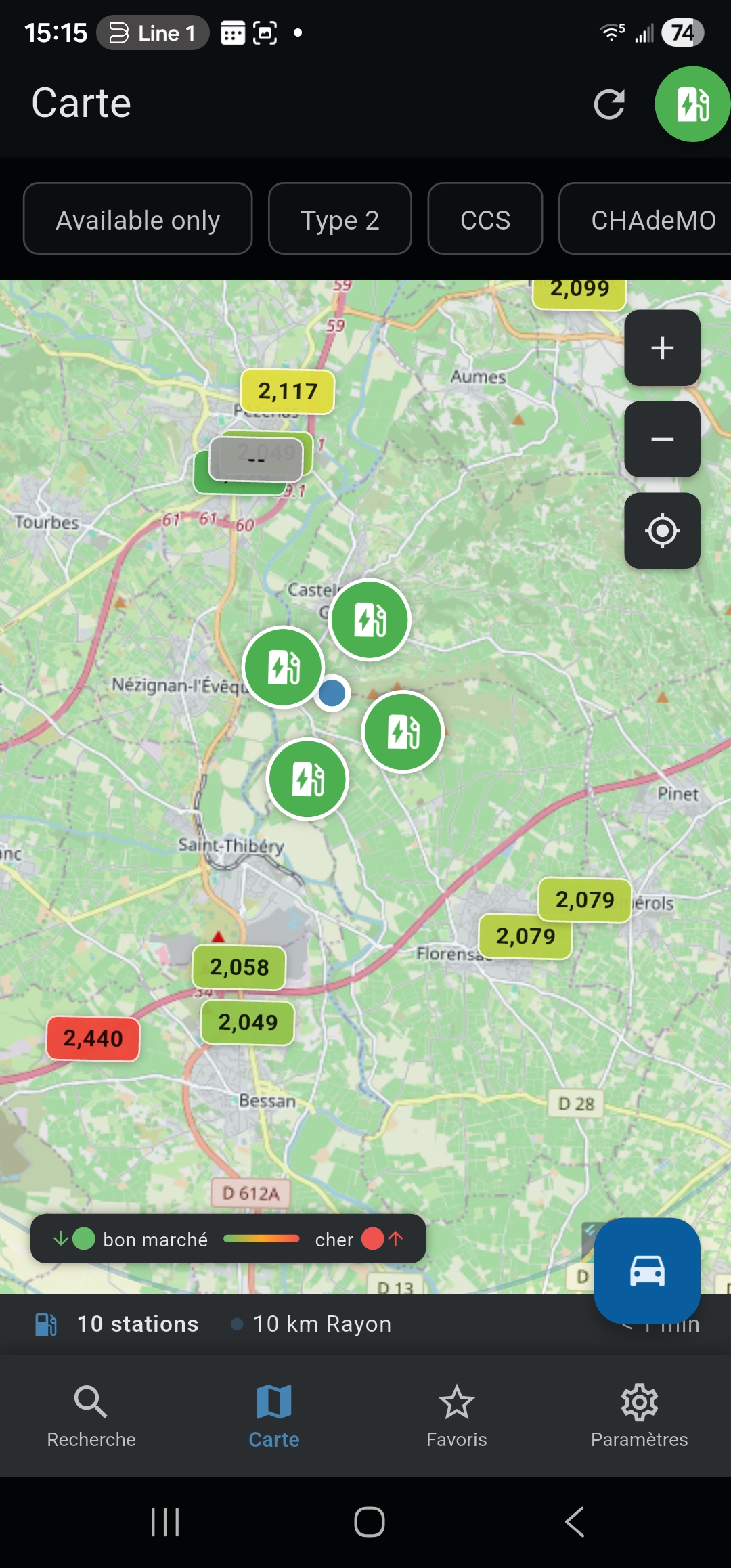 Map view with EV charging stations — Type 2 / CCS / CHAdeMO filter chips