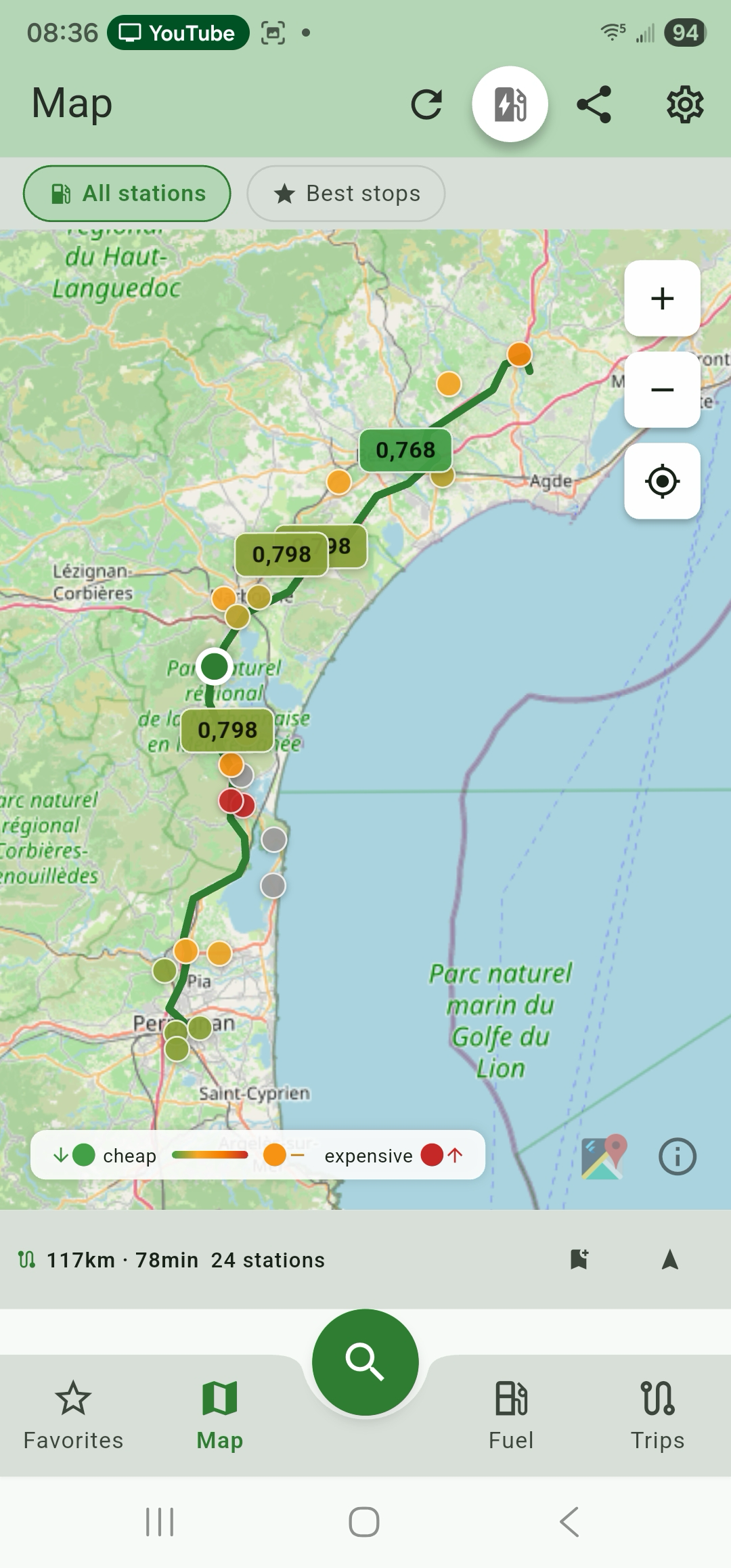 Map view — colour-coded price pins from cheap (green) to expensive (red)