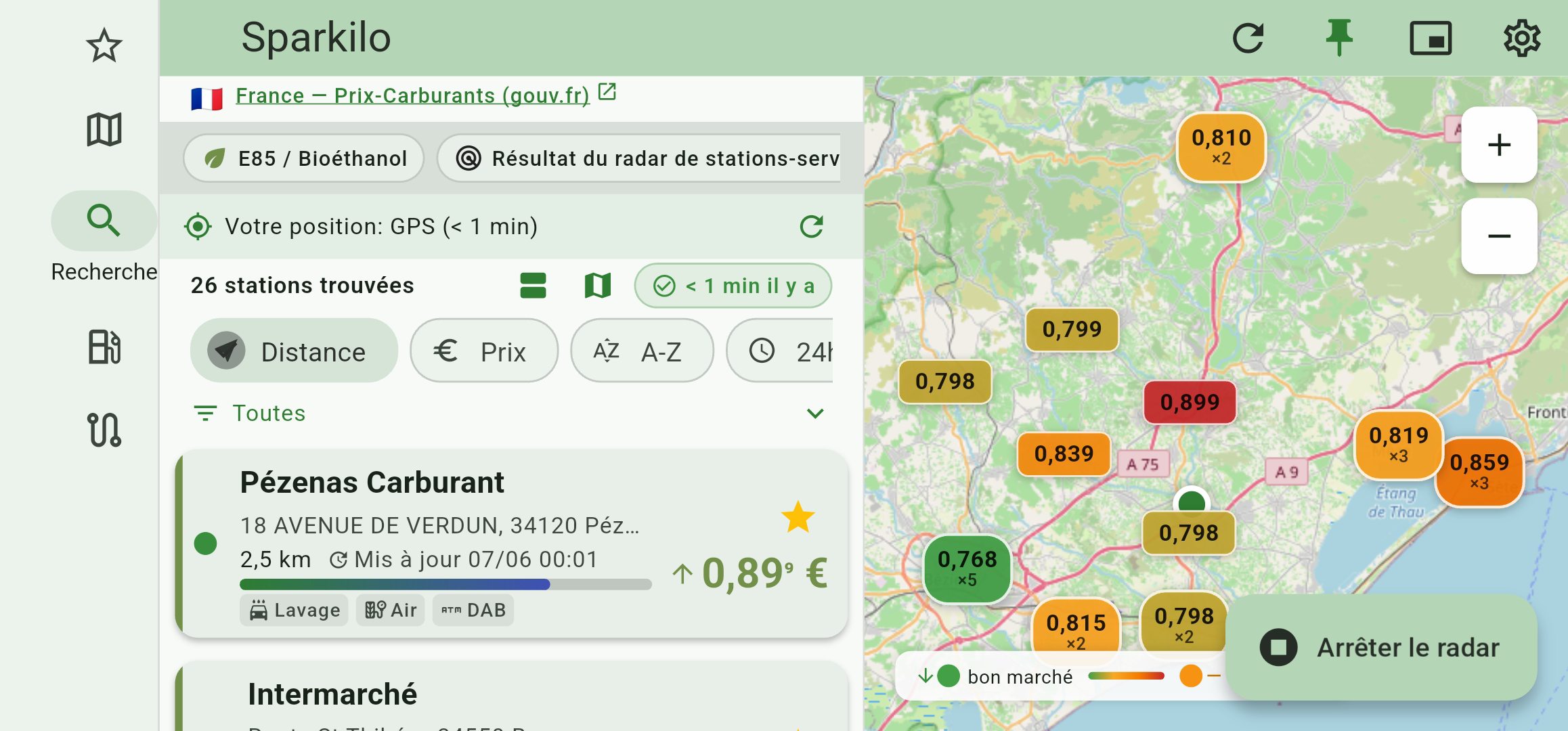 Fuel Station Radar running — colour-coded live price pins on the map (cheap to expensive), results sorted by distance with a proximity fill-bar, and the Stop radar pill
