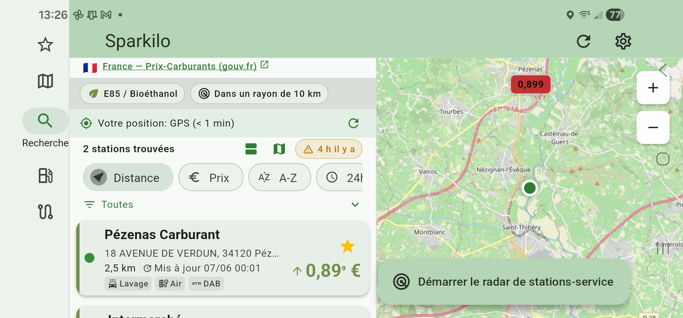 Fuel Station Radar — the Start fuel station radar pill on the split-screen results and map view