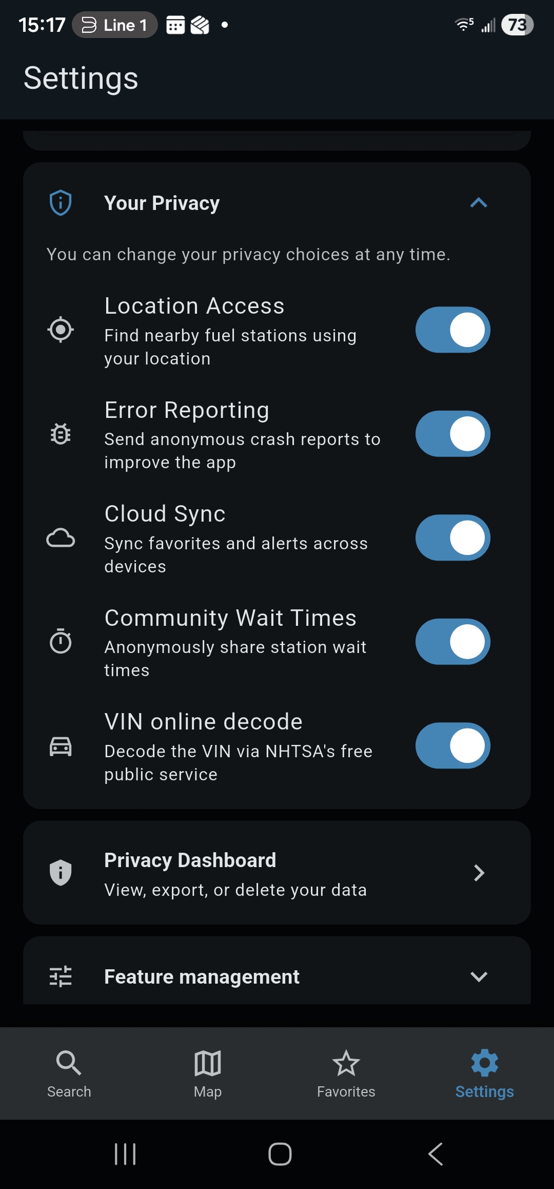 Settings → Your Privacy — 5 granular consent toggles