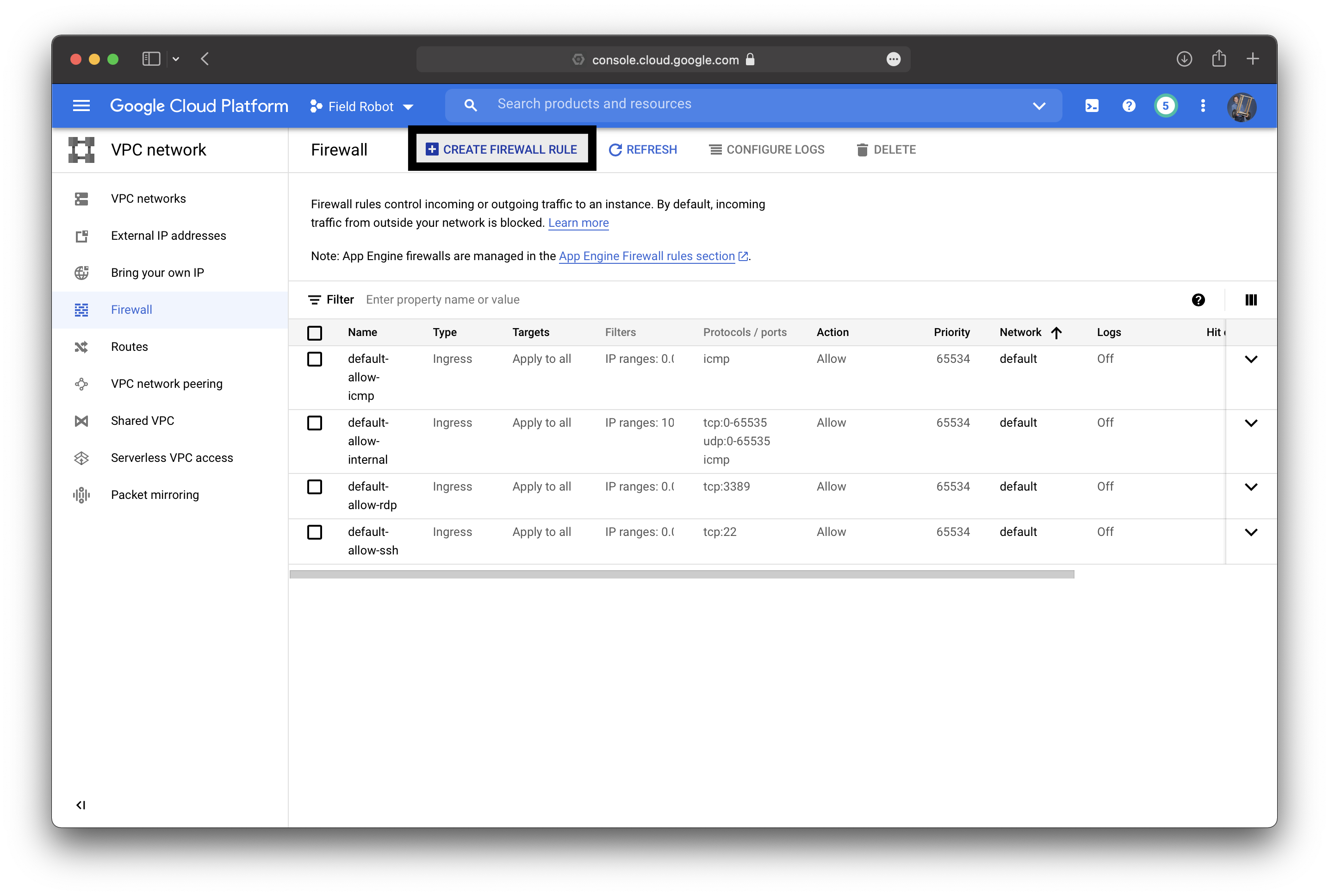 Google Cloud Create Firewall Rule