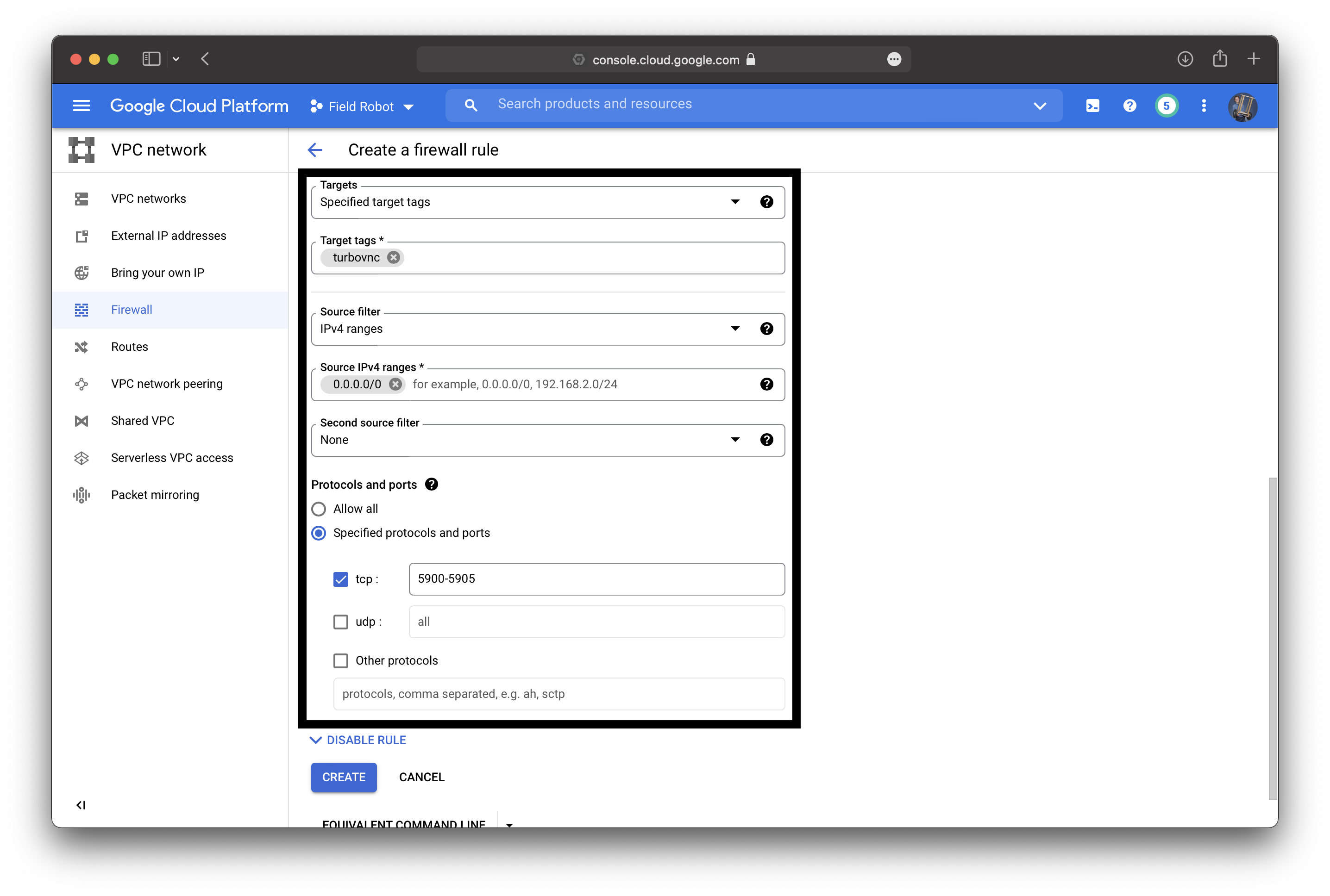 Google Cloud Create Firewall Rule Settings