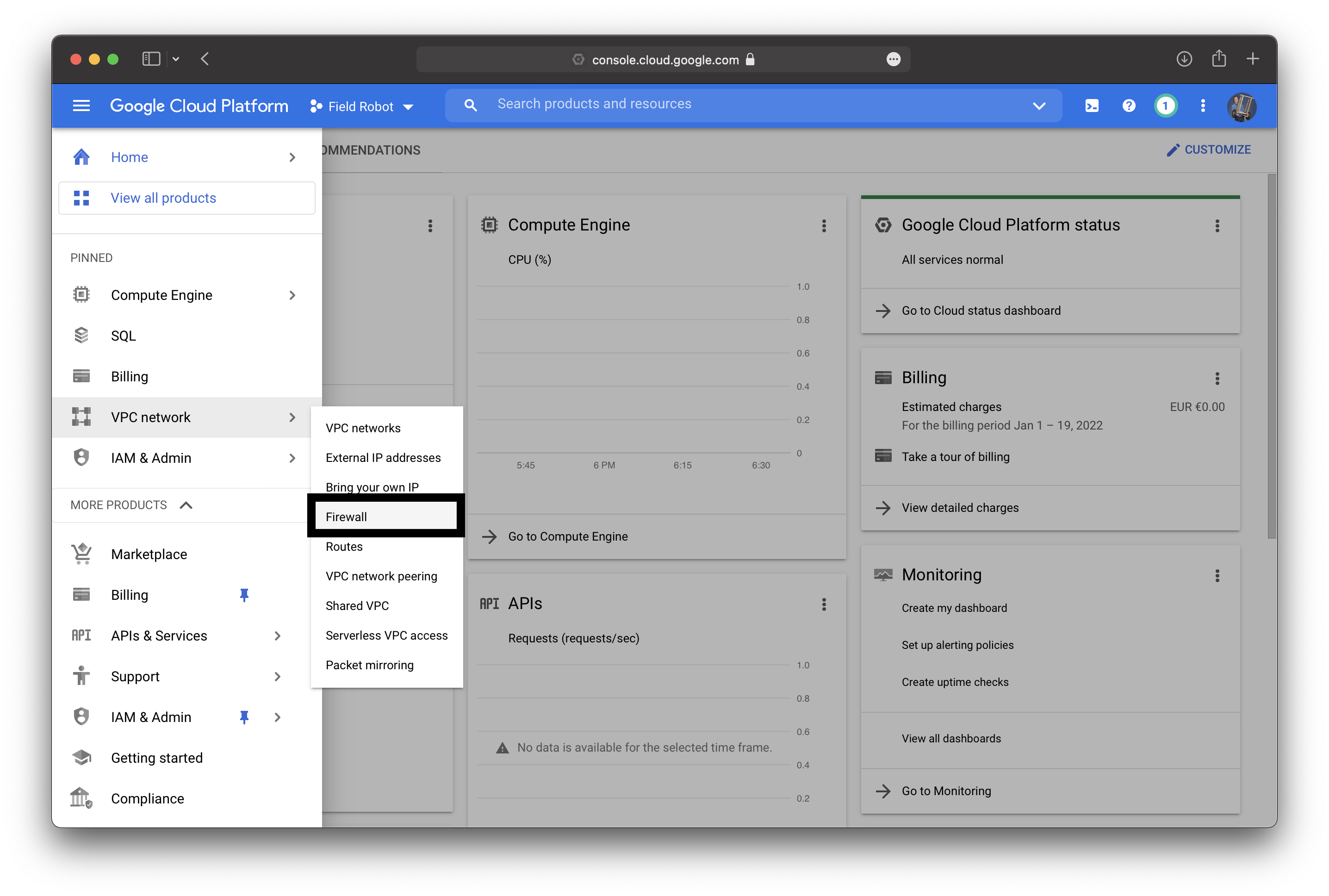 Google Cloud Firewall Menue