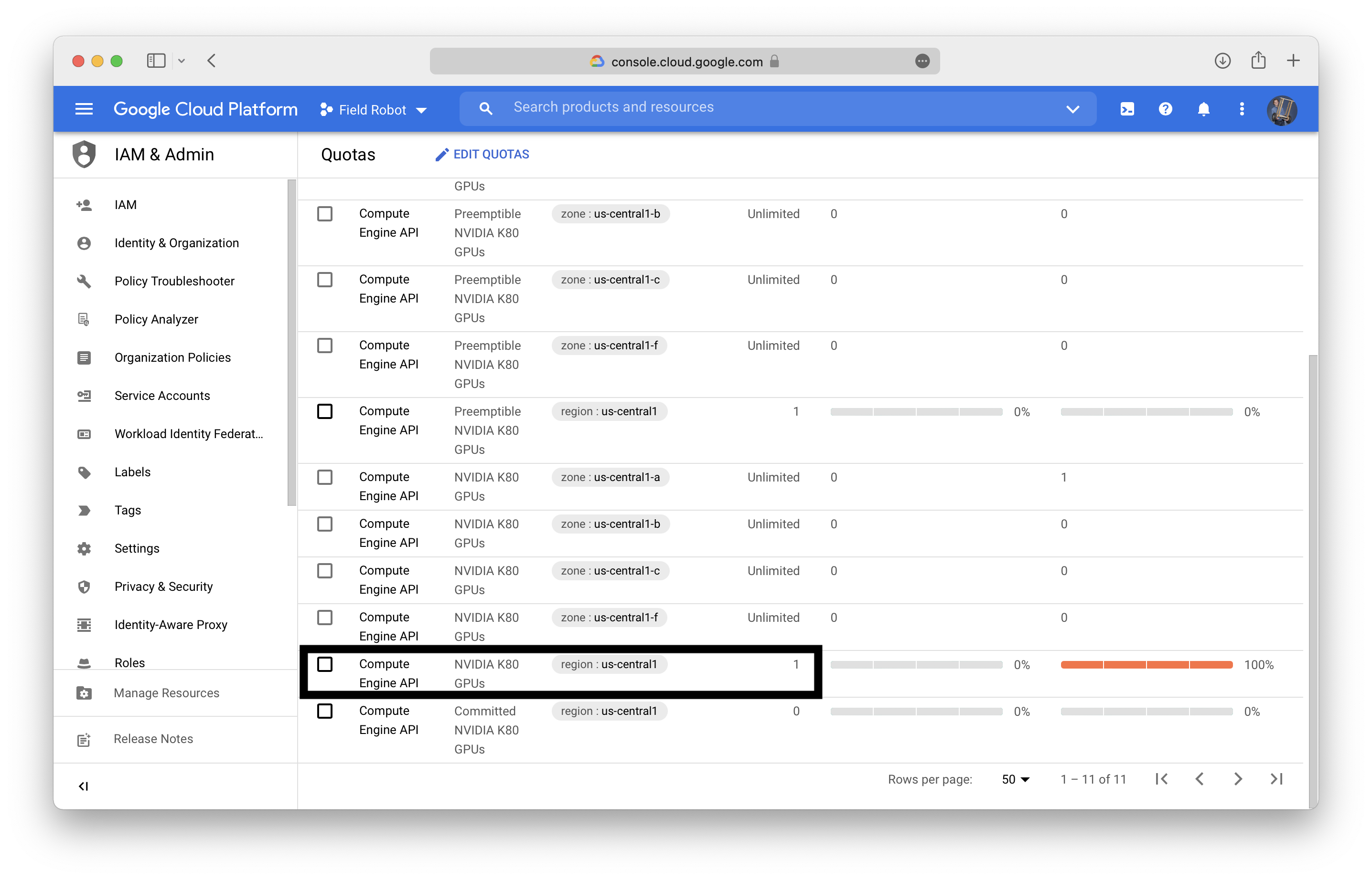 Google Cloud Quota US Central 1