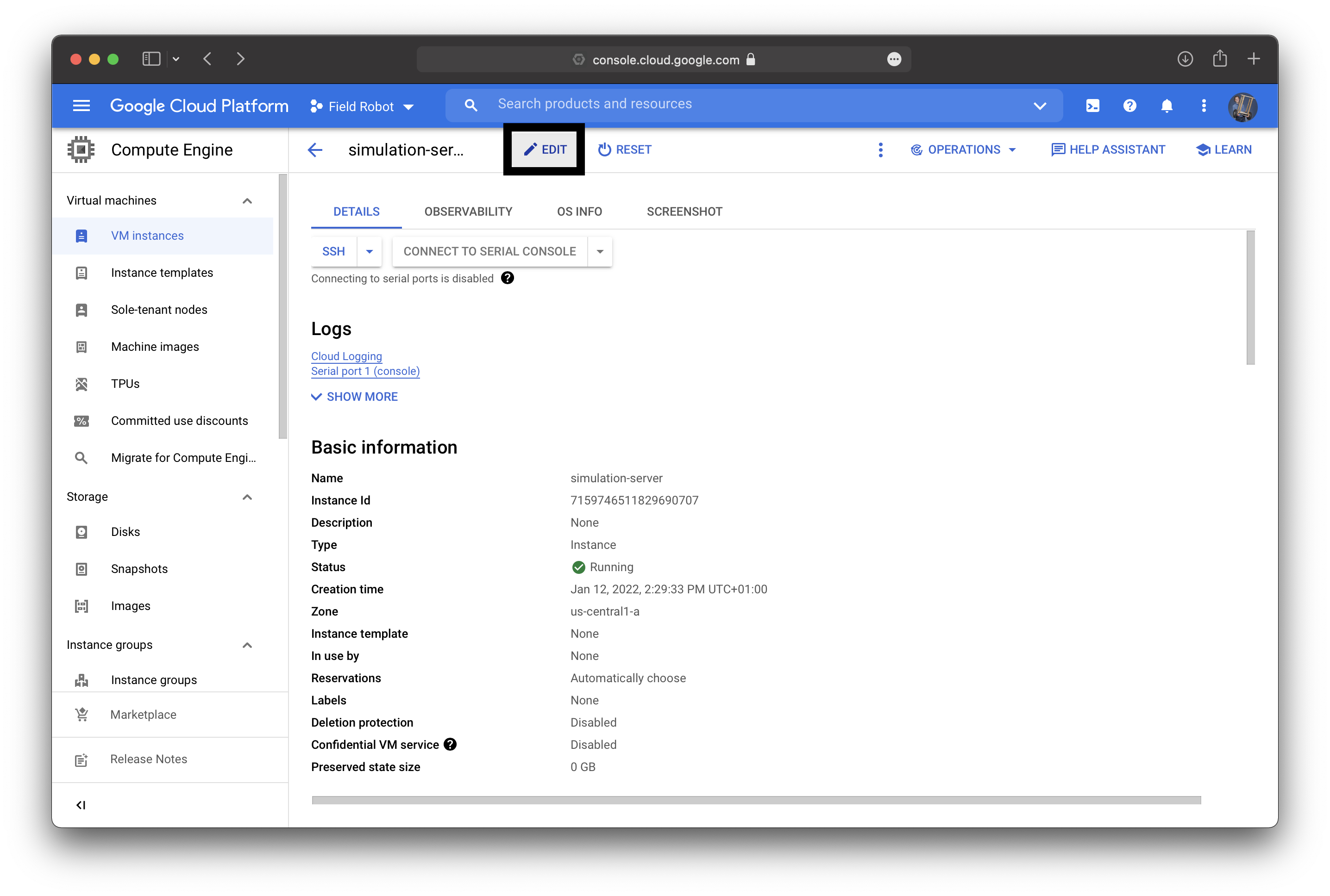 Google Cloud VM Edit Button