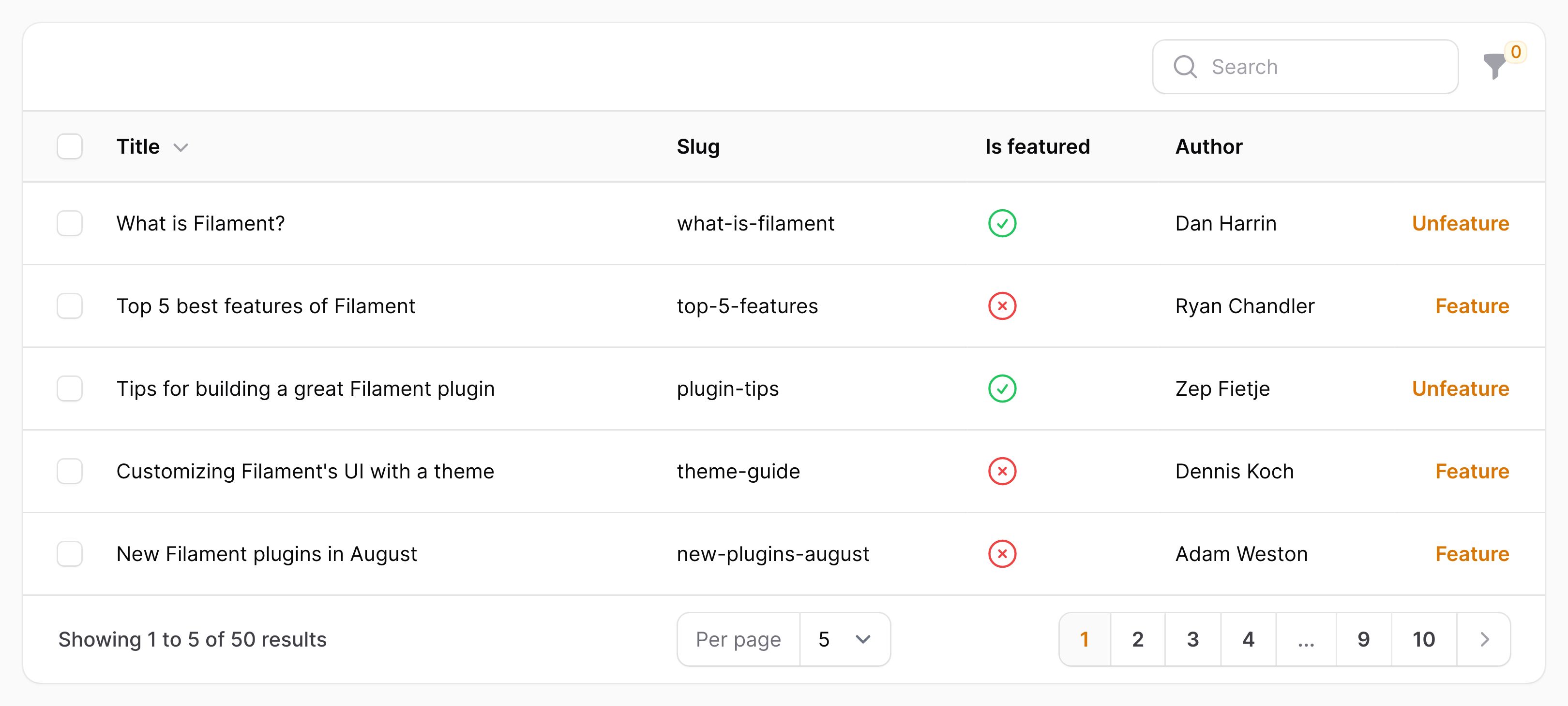 Table with actions